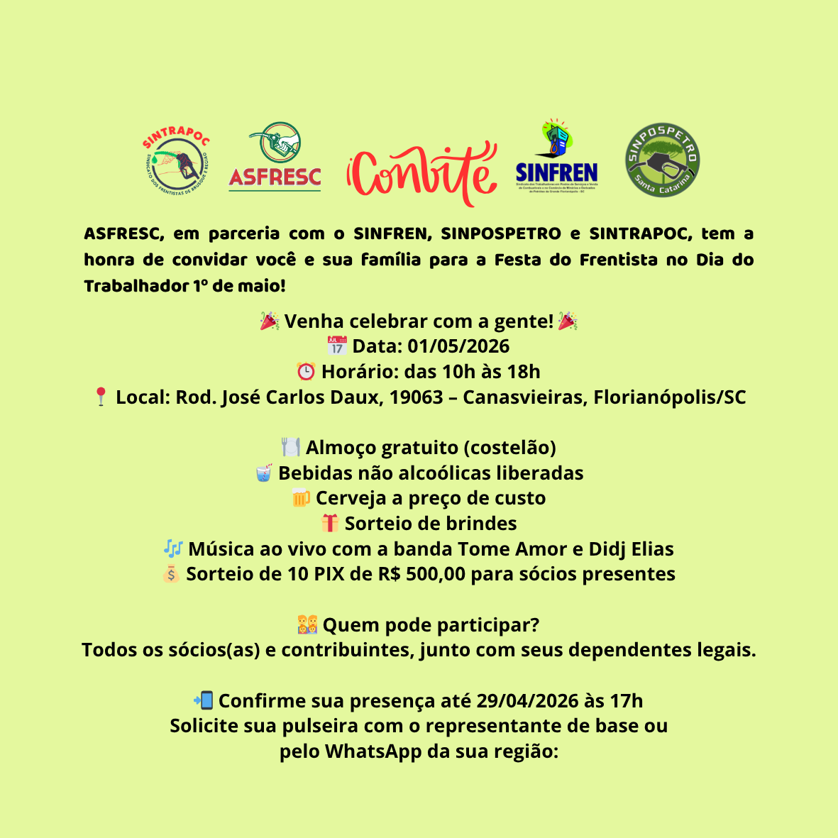 ASFRESC e seus sindicatos parceiros SINFREN, SINPOSPETRO e SINTRAPOC convidam